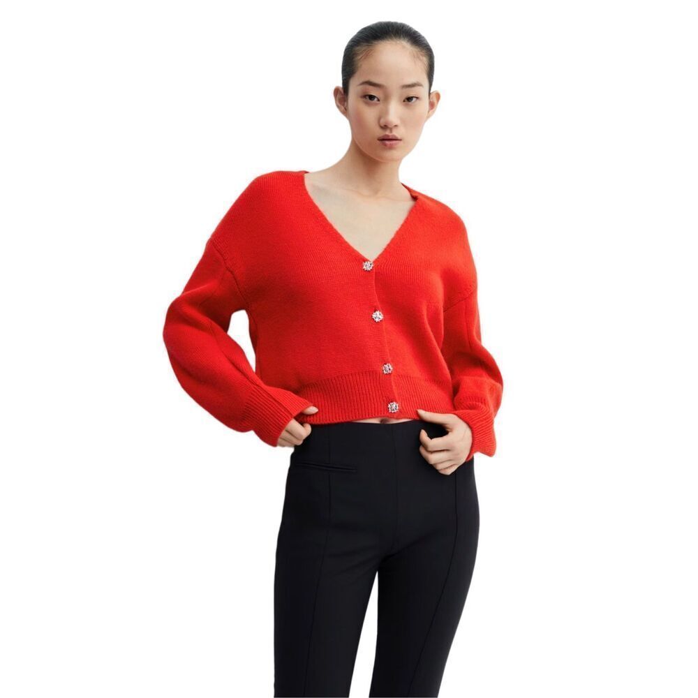 New! MNG by Mango V-Neck Red Cardigan With Jewel Buttons Sz XS